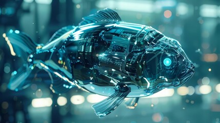 A closeup cyber concept scene of a robotic fish swimming in a virtual water tank, Sharpen Cinematic tone with blur background and no text, logo brand in photo