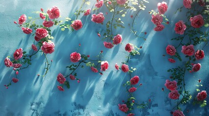 Climbing Damask roses on a wall, bright blue background, gardening tips magazine cover, sunny daylight, overhead view