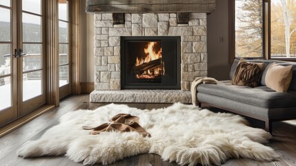 Obraz premium Plush faux fur rugs line the floor in front of the fireplace inviting guests to kick off their shoes and nestle in for a relaxing evening by the fire. 2d flat cartoon.