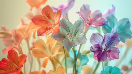 Closeup of Rainbow Shower flowers, gentle cream background, botanical arts magazine cover, warm indoor lighting, close frontal view