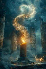 Fototapeta premium A fantasy scene of a candle with a tornado swirling around it, emitting a bright, magical light that illuminates an ancient ruins setting. The ruins are covered in glowing runes and mystical symbols. 