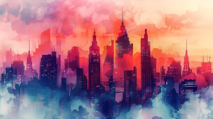 A cyber watercolor painting captures the uncanny silhouette of a futuristic cityscape, Clipart isolated on white background strange style hitech ultrafashionable