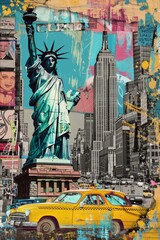 Pop art collage of iconic New York City landmarks: the Statue of Liberty, Empire State Building, yellow taxi