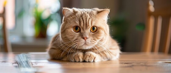 Yellow-eyed Scottish Fold cat is sitting like a human being