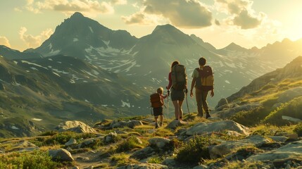 Obraz premium A family enjoying a scenic hike through rugged mountain terrain, with breathtaking views at every turn.