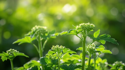Cluster of Little Hogweed, vibrant green background, environmental awareness magazine cover, bright daylight, slightly offcenter