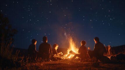 A family gathering around a crackling bonfire, roasting marshmallows under a starry sky.