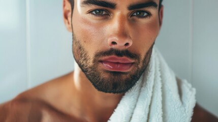 Fototapeta premium A man with striking features and a beard gazes into the camera, lightly holding a white towel around his neck.