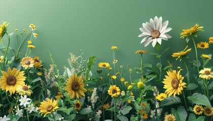 A minimalist garden scene serves as the banner background, featuring delicate daisies and bold sunflowers, Sharpen banner background concept 3D with copy space