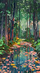 Obraz premium Realistic pop art scene of a forest clearing after a rainstorm, glistening leaves, vibrant colors, stylized raindrops