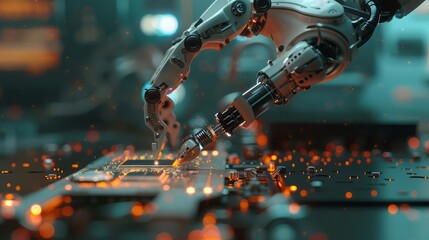 A robotic arm deftly manipulates microscopic circuit components, showcasing precision in modern manufacturing, Sharpen close up hitech concept with blur background