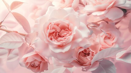 Elegant Damask rose, soft pastel pink background, luxury floral magazine cover, serene morning light, central focus