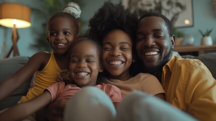 A family laughing together during a movie night at home.