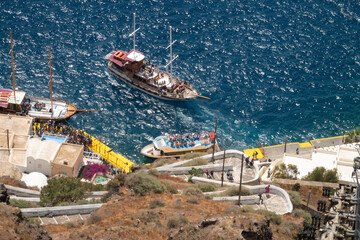 The stairs and donky trail leading from the old port to the town of Fira, Thira island, Santorini, Cyclades islands, South Aegean Sea, Greece