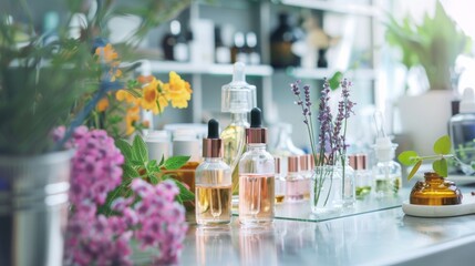 Assorted perfume bottles and essential oils arranged amidst vibrant flowers on a store shelf.