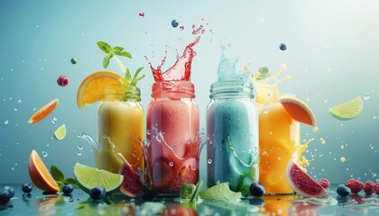 A splash of smoothies on a technological background merges taste with techsavvy lifestyle choices, Cinematic Look Sharpen banner background concept 3D with copy space