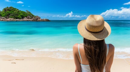 Woman in a summer hat relaxing on a pristine tropical beach, looking at a turquoise sea.