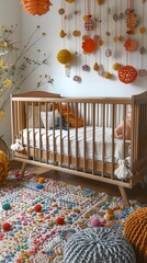 Scandinavian nursery with a boho vibe featuring a natural wood crib, colorful mobile, and crocheted rug.