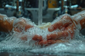 Fototapeta premium Immersive Cinematic Close-Up: Detailed Shot of Hand Washing in Kitchen Sink, Hyperrealistic VFX Render, Worksafe Scene with Splashing Water and Close Angled Action