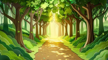 A whimsical forest path lined with towering trees and dappled sunlight, all intricately cut from green and brown paper, paper art style concept