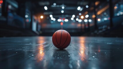 Close-up of a basketball centered on an indoor court, under dramatic overhead lighting.