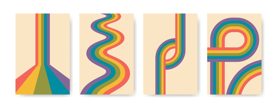 Retro striped 70s style posters template set. Vintage geometric backgrounds with rainbow.