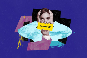 Composite photo collage of upset stressed girl hold head hand shut mouth censorship mute control...