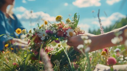 A flower crown workshop on a sunny meadow with people crafting.