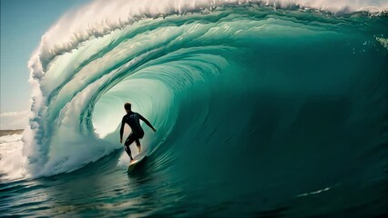 Surfer catching a huge wave of turquoise color in the ocean, seasonal sports, outdoor activities.