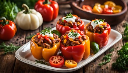 stuffed paprika with meat cheese vegetables
