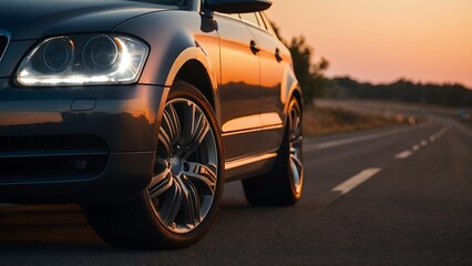Close-up of the headlights of a car on the road at sunset