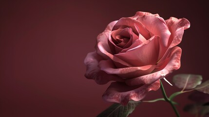 Single Damask rose, deep burgundy backdrop, romantic poetry magazine cover, subtle ambient light, closeup view