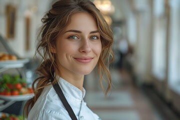 "Radiant Blonde Woman with Blue Eyes in White Shirt, Expressing Joy with a Lovely Smile - Captivating Portrait of a Beautiful Young Model, Attractive and Cheerful