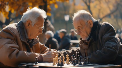 A group of elderly friends playing chess in a sunny park. - Powered by Adobe