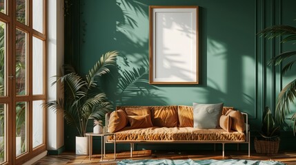 Cozy nomadic elements blend seamlessly with a classic boho sofa interior, highlighted by an artistic frame mockup, 3D render sharpen