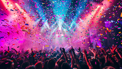 Colorful Concert Scene with Stage Lights and Floating Confetti
