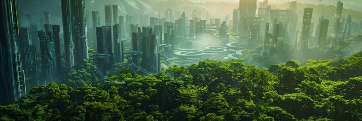 Focus on a novel scene where a scifi cityscape merges seamlessly with a lush forest, Sharpen Cinematic tone with blur background and no text, logo brand in photo
