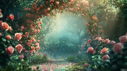 Fototapeta na wymiar For the banner background, a floral archway made of roses and wild ivy invites viewers into a magical realm, Sharpen banner background concept 3D with copy space