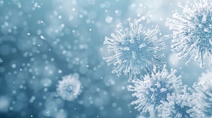 Detailed 3D illustration of virus particles with a focus on spikes in a cool blue tone.