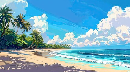 Fototapeta na wymiar beach tropical island with palm trees ilustration color painting cartoon