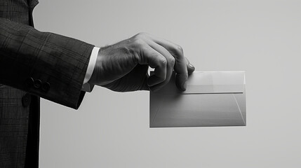 Obraz premium Eloquent Gesture: Man Placing an Envelope into a Slot, Monochrome Conceptual Art