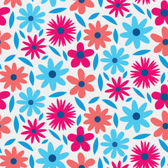 Red, blue and coral flowers seamless pattern with leaves on white background. For American Summer Holidays, fabric and textile