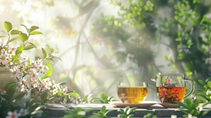Herbal teas represented in a flyer enhance the message of serene, healthful living, Cinematic Look Sharpen banner background concept 3D with copy space