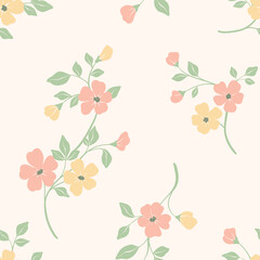 Seamless floral pattern, abstract spring flower ornament of small decorative branches. Simple botanical design in a romantic folk motif: hand drawn flowers, twigs, little leaves. Vector illustration.