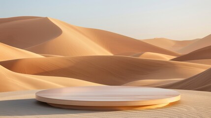 Minimalistic wooden platform in the center of sprawling golden sand dunes under clear skies.