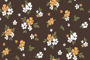 Seamless floral pattern, liberty ditsy print, simple abstract flower ornament in autumn colors. Cute botanical design: small hand drawn flowers, tiny leaves, mini bouquets on brown Vector illustration