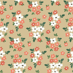 Seamless floral pattern, pretty liberty ditsy print, simple abstract flower ornament. Cute botanical design: small hand drawn flowers, tiny leaves, mini bouquets on a beige field. Vector illustration.