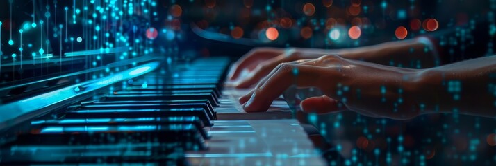 In a closeup cyber concept, witness a musician playing a holographic piano, Sharpen Cinematic tone with blur background and no text, logo brand in photo