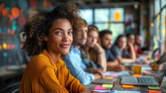 Successful afro american business woman 20 - 25 years old. Portrait smiling woman looking at camera. Office worker. Happy girl standing in creative space.