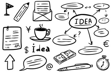 Business doodles hand drawn icons. Management infographic concept with financial business career development elements. Vector illustration EPS10